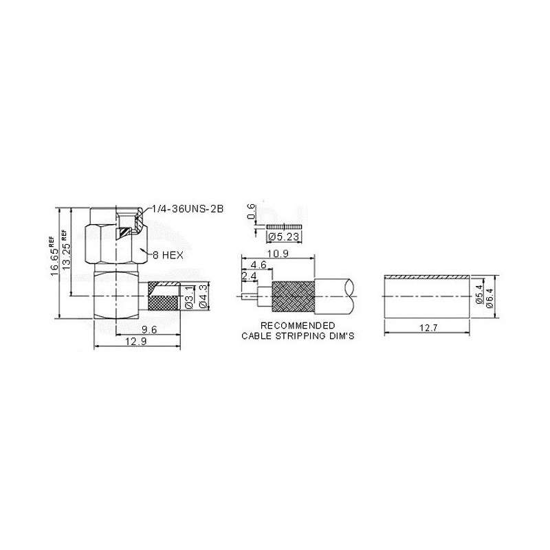 Ficha SMA 90º macho cravar para cabo RG58