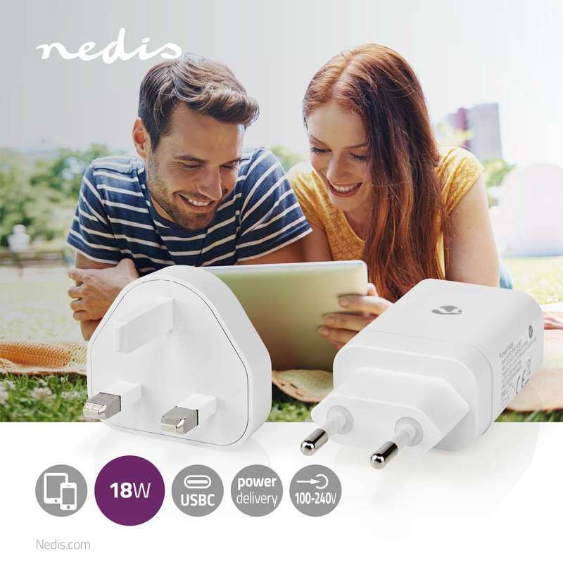 1xUSB-C 18W 3A Power Supply/Charger with UK Travel Adapter (Type G) - White