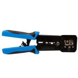 RJ11, RJ12 and RJ45 plug crimping pliers with through-hole technology