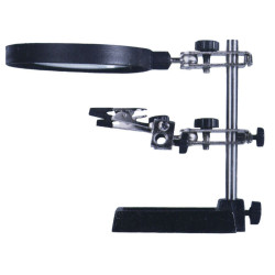Vertical adjustment articulated support with magnifying glass and clam