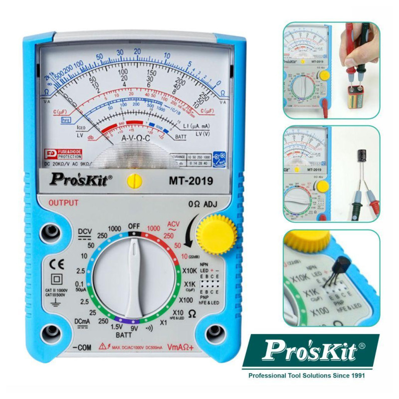 Analog multimeter (1000Vac/dc 250mAdc 20MΩ Cap. hFE) - MT-2019