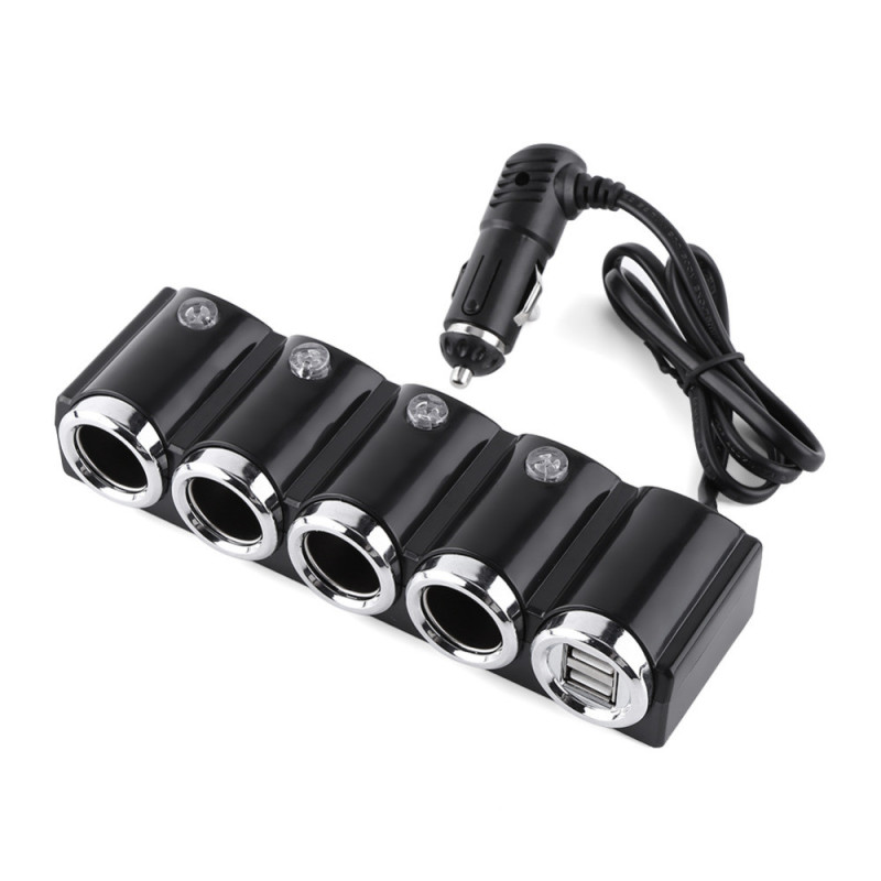 Adaptador de isqueiro automóvel com 4 saídas 12V / 24V e 2 portas USB.