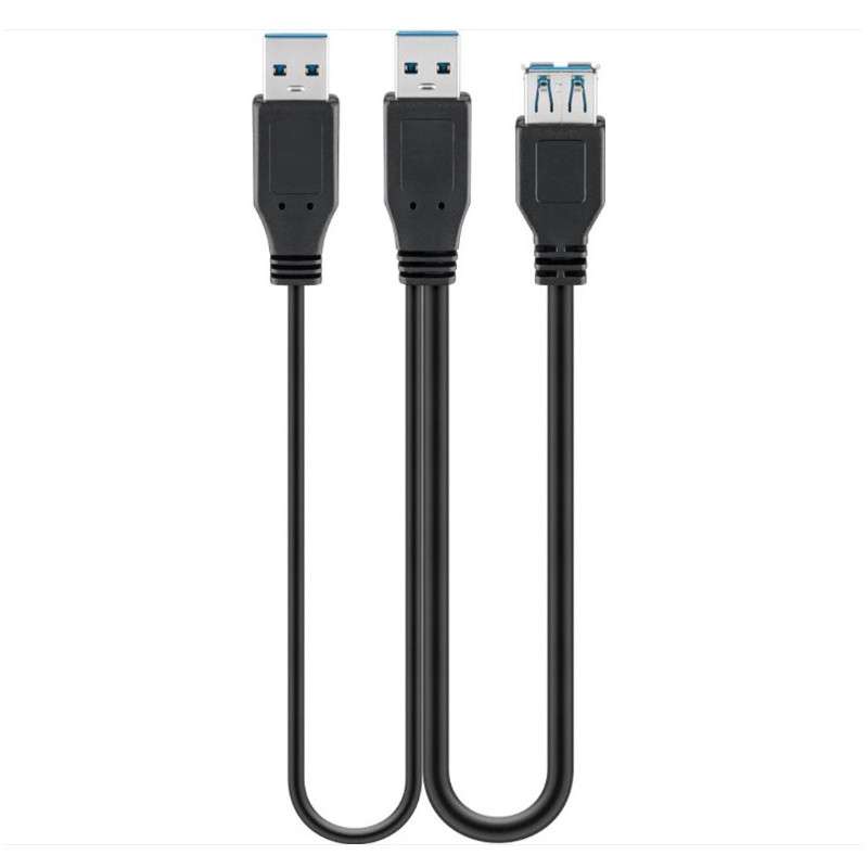 2xUSB3.0 A cable - USB3.0 A - 0.3m with reinforced power supply - blac