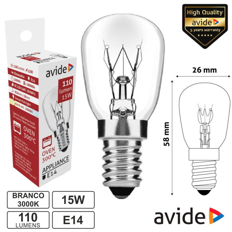 Lâmpada Tubular E14 220V 15W para fornos 300ºC
