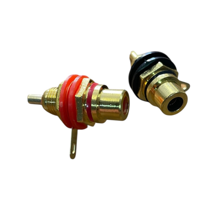 Conjunto de 2 fichas RCA fêmea de painel douradas vermelha + preta