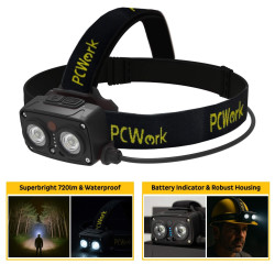 PCWork PCW12G - Lanterna cabeça LED 720lm com Luz vermelha + SOS - rec