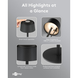 Goobay 77675 Lámpara Mesa LED Inalámbrica Negra