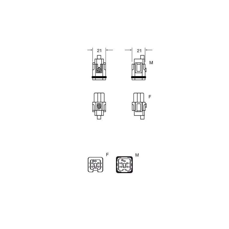 Connecteur Industriel ILME CKM 03 - Mâle HDC, 4 Broches (3+PE), Taille 21.21 - 10A 250V - Filetage M6 Pour Montage Sur Fil