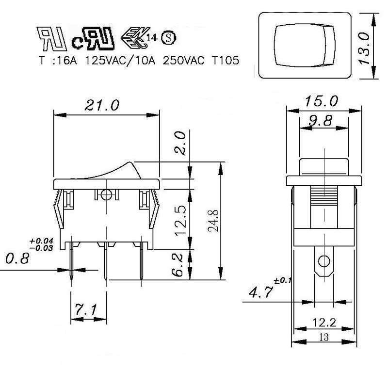Rocker switch 3 stable positions - ON-OFF-ON - 250VAC 6A (3 pins)