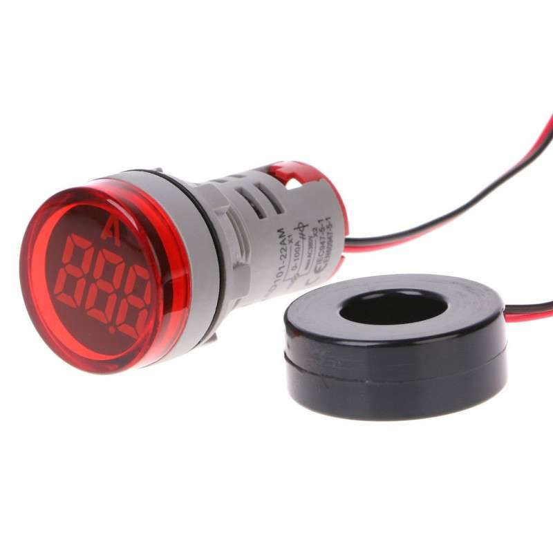 Red Round LED Digital Ammeter for Panel (0 ... 100 Amp.)