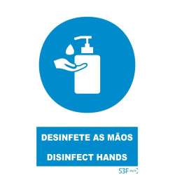 Placa de sinalização PVC de obrigação ''Desinfete as mãos'' 150x200mm