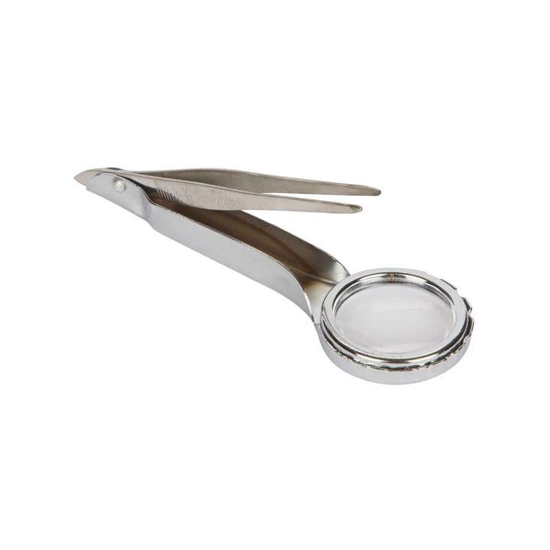 Tweezers 60mm straight tips with 6x corporate magnifying glass